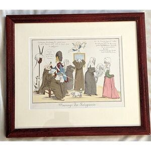 "Vintage Framed French Satirical Print 'Mariage des Religieux' 1790 Scene 15X14